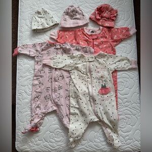 3-PK Gerber Baby Girls Ballerina Zip-Front Sleep; Play Newborn sleeves with hats